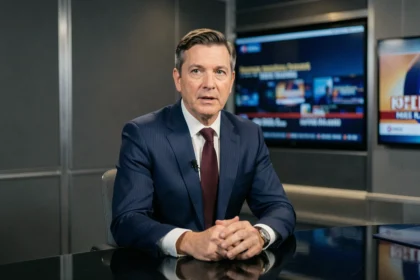 Présentateur homme de CNews en costume marine assis derrière le bureau du plateau de télévision