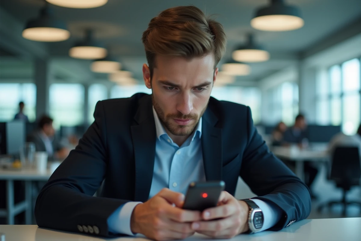Jeune professionnel examinant un appel téléphonique suspect sur son smartphone au bureau