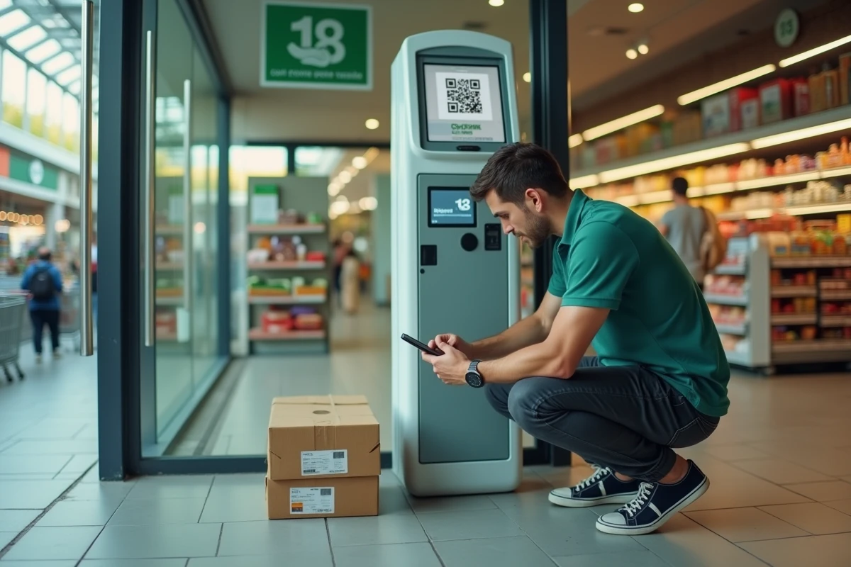 Professionnel scannant un code QR sur une borne Colissimo en supermarché pour déposer des colis clients