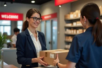 Professionnelle déposant un colis Colissimo au comptoir d'un bureau de poste français