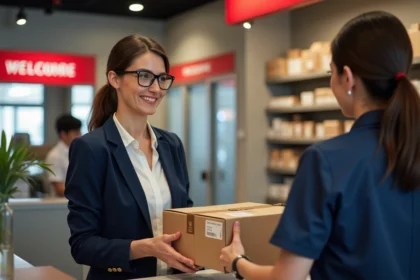 Professionnelle déposant un colis Colissimo au comptoir d'un bureau de poste français