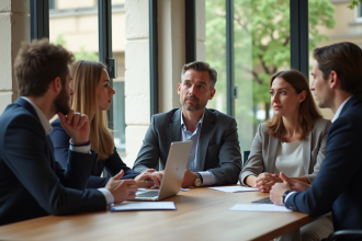 Groupe de professionnels en réunion dans un bureau bordelais