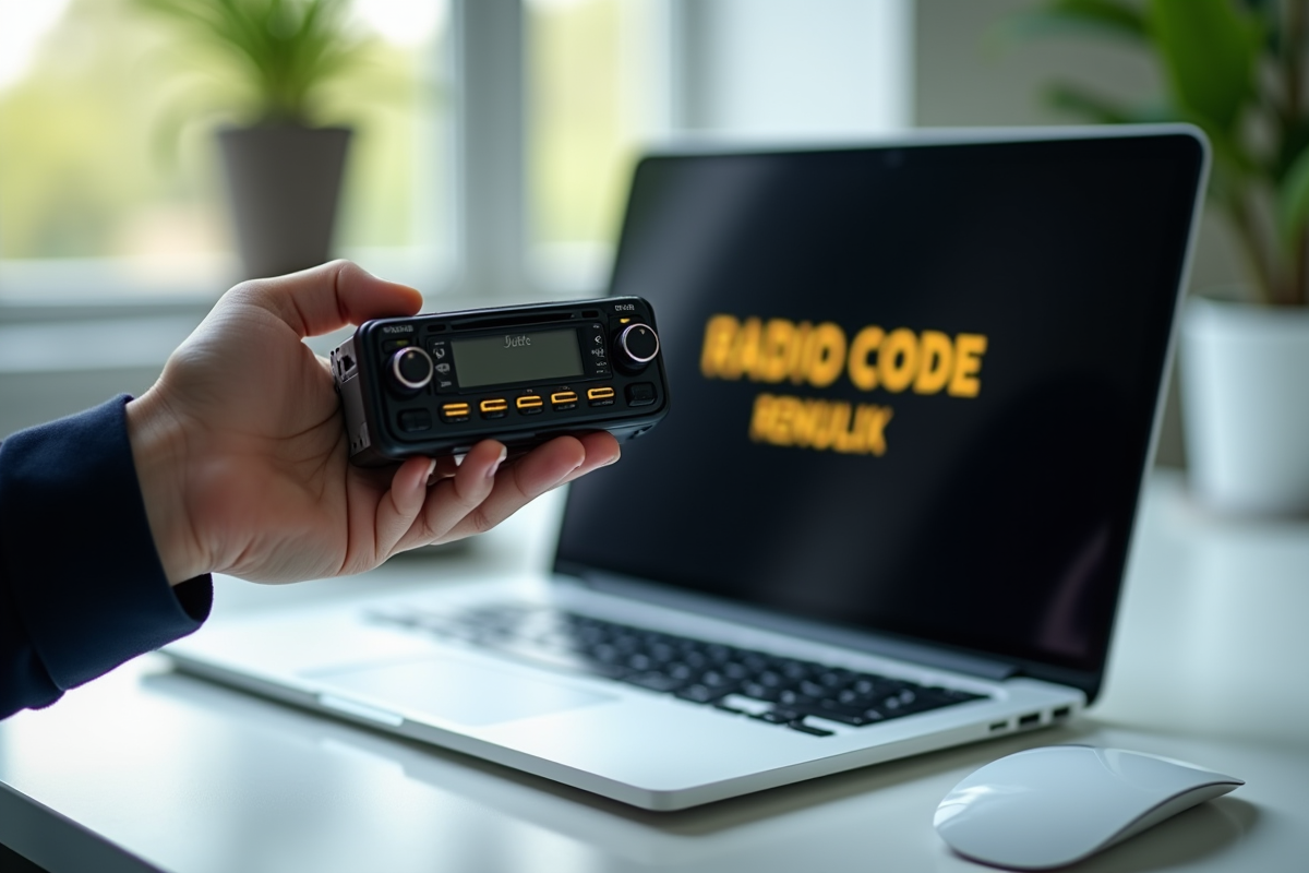 Main tenant une radio Renault avec un message de code manquant