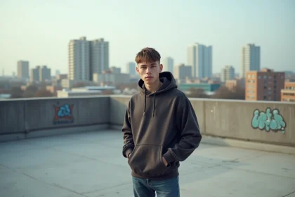 Jeune rappeur belge sur un rooftop urbain
