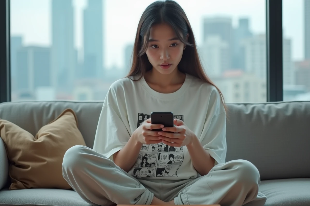 Jeune femme surprise en lisant le chapitre One Piece 1143 en avance sur smartphone