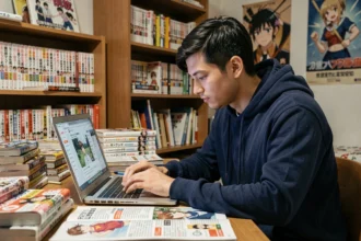 Jeune homme passionné de manga recherchant d'anciens scans de One Piece sur son ordinateur portable dans une chambre remplie de volumes de manga