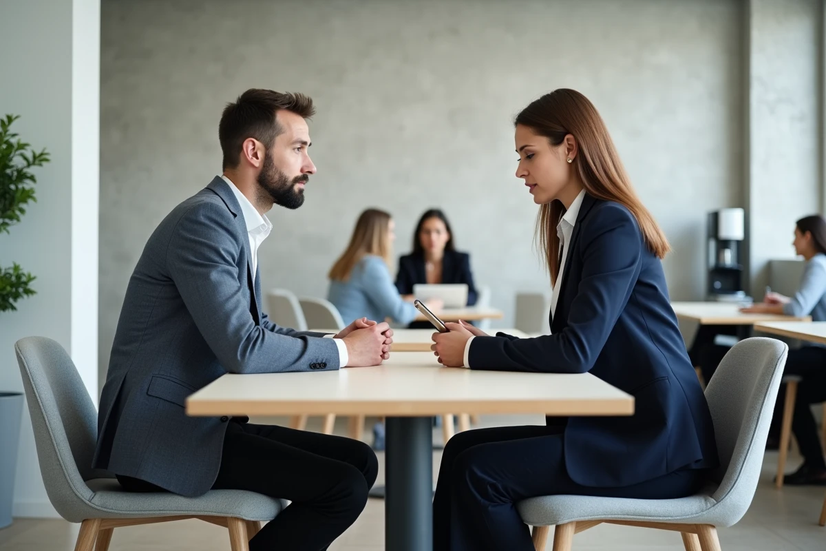 Homme et femme dans une salle de pause au bureau, regard masculin discret illustrant les mécanismes psychologiques de l'attention visuelle