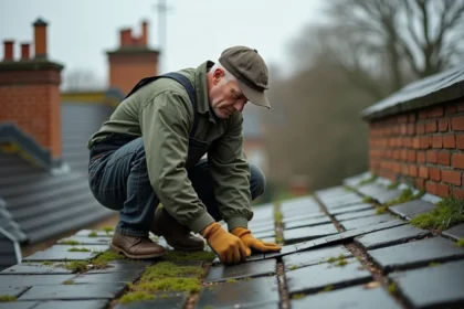 Homme en overalls examine un toit en ardoise ancien