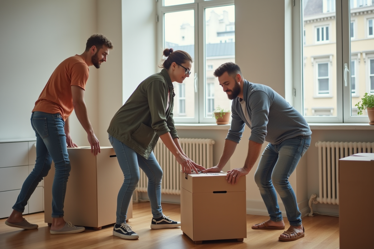 Colocataires assemblant des meubles dans un appartement lumineux
