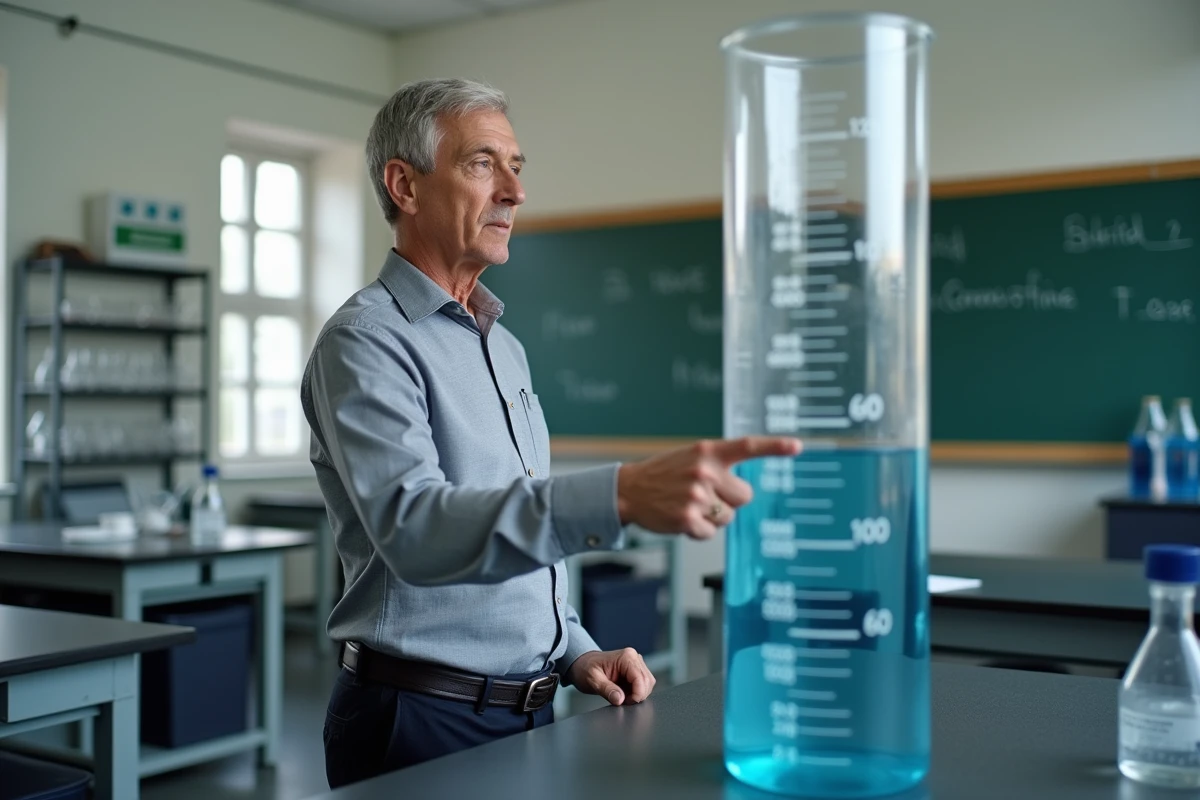 Enseignant montrant la graduation 600 ml sur un cylindre gradué dans un laboratoire scolaire