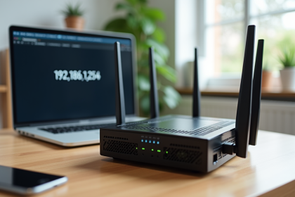 Routeur moderne sur bureau en configuration avec écran IP