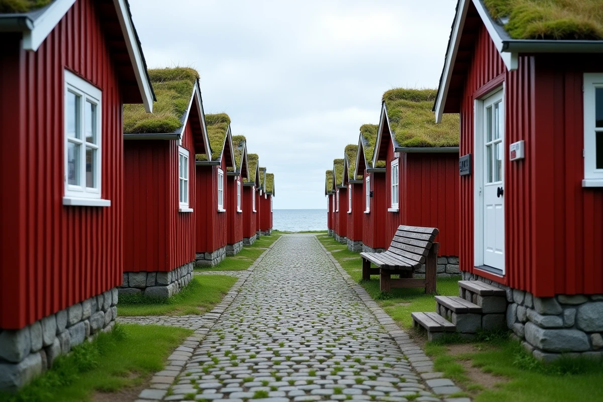 Ruelle pavée et maisons traditionnelles en bois rouge sur l'île suédoise de Sandhamn, ambiance nordique