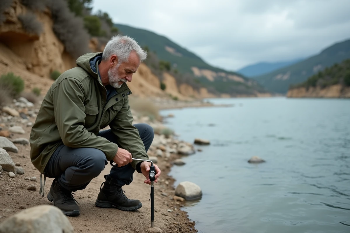 Géographe mesurant le débit du Rhône en bord de rivière dans le sud de la France