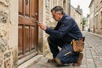 Serrurier professionnel en intervention devant une porte en Mayenne