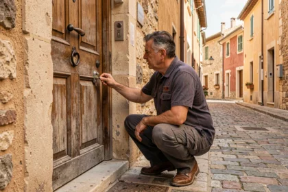 Serrurier professionnel intervenant sur une porte d'entrée dans un village provençal du Var