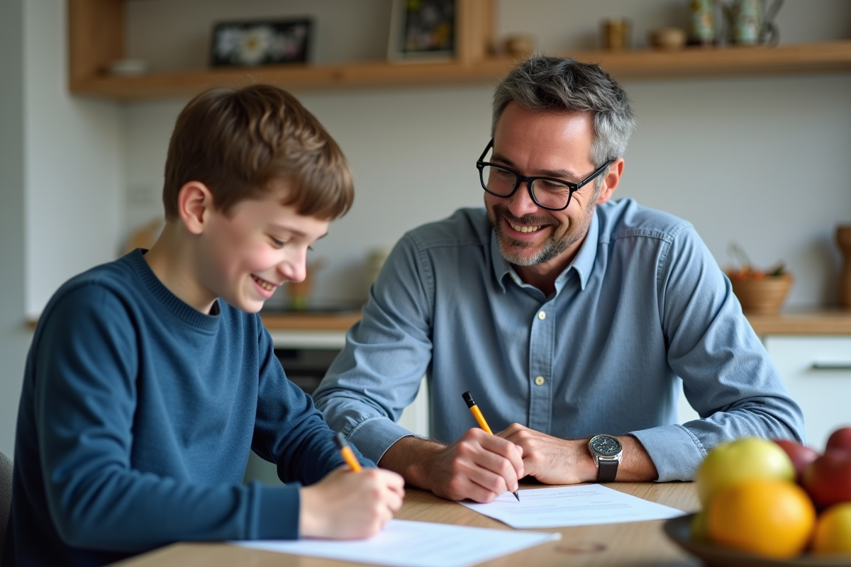 Jeune garçon signant avec son beau père dans la cuisine