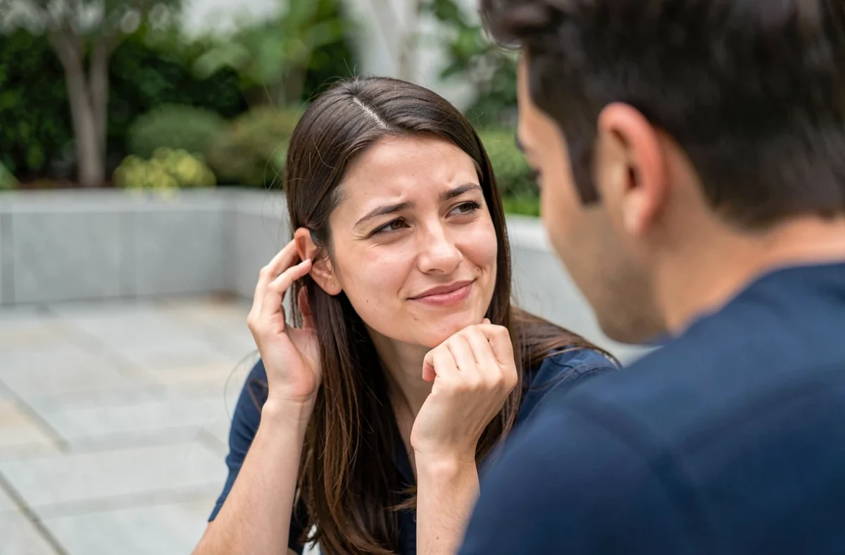 Femme troublée face à un homme en terrasse, micro-expressions du visage et geste inconscient des mains révélant une attirance