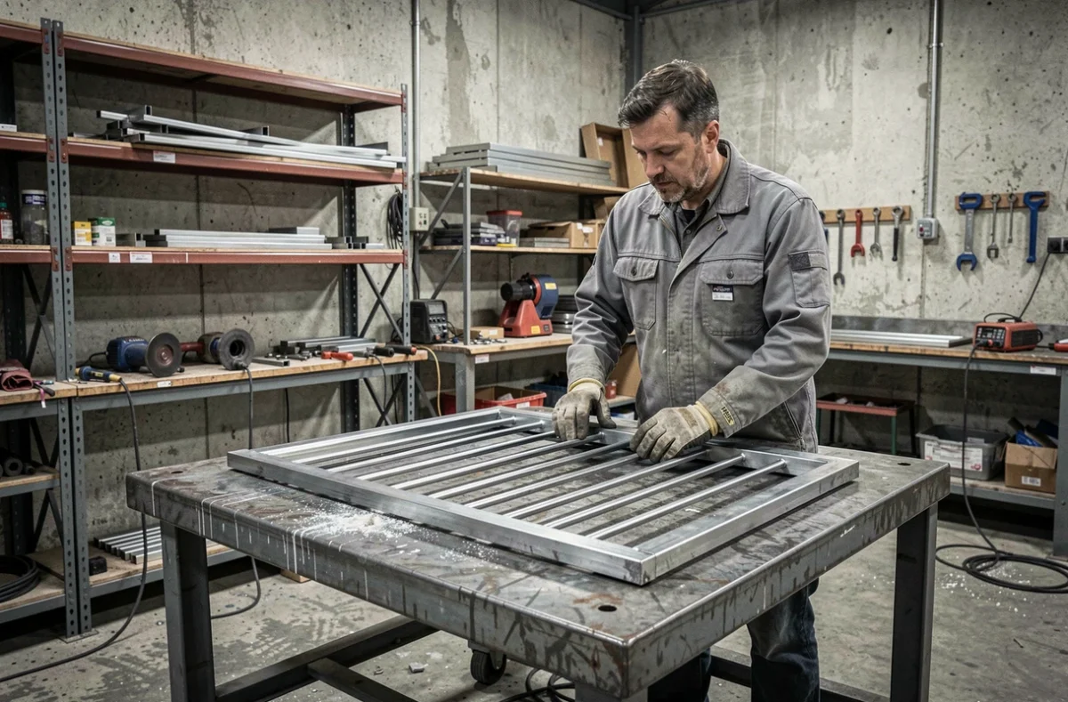 Technicien SMD travaillant sur une pièce de métallerie dans son atelier en Mayenne