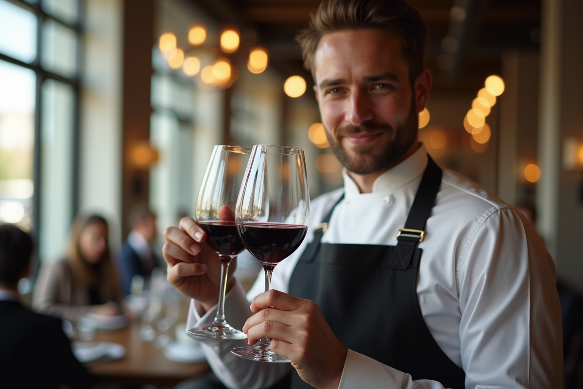 Sommelier elegant presentant un verre de vin rouge dans un restaurant moderne