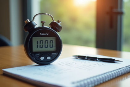 Chronomètre numérique sur bureau en bois avec calculs