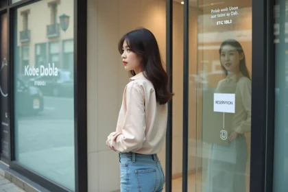 Jeune femme devant l'entrée d'un studio photo 4 cut à Paris consultant un panneau de réservation
