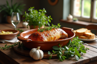 Table rustique avec confit de porc et herbes fraîches