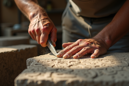 Ouvrier tailleur de pierre au travail dans un atelier ensoleille
