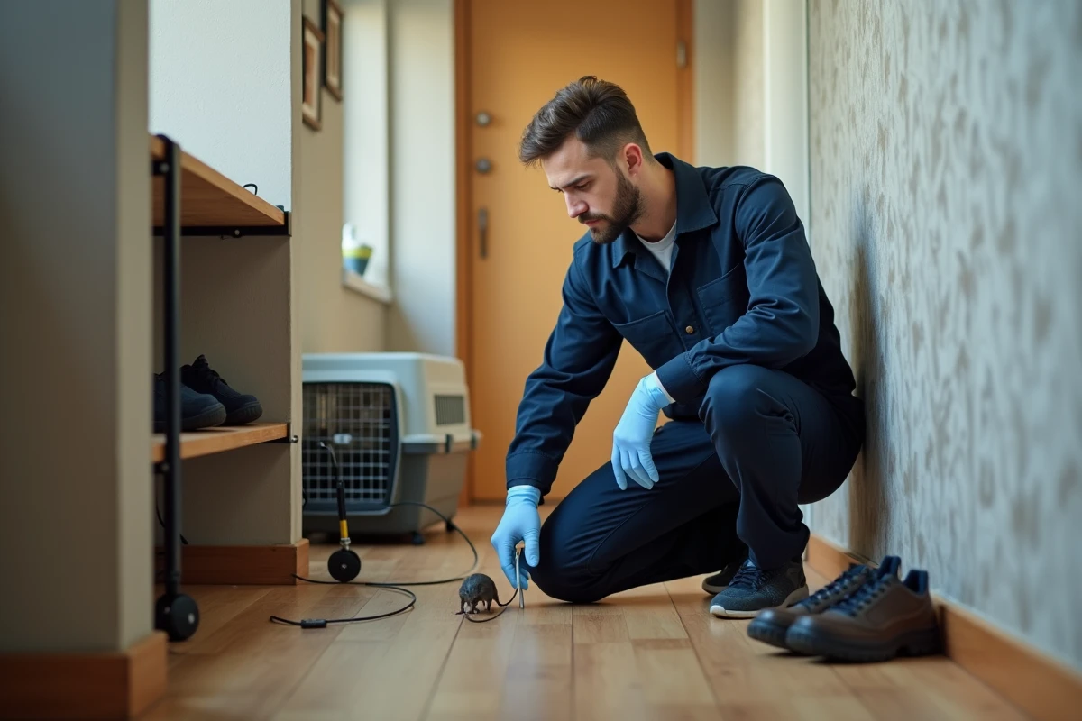 Technicien de lutte antiparasitaire inspectant un piège à rat