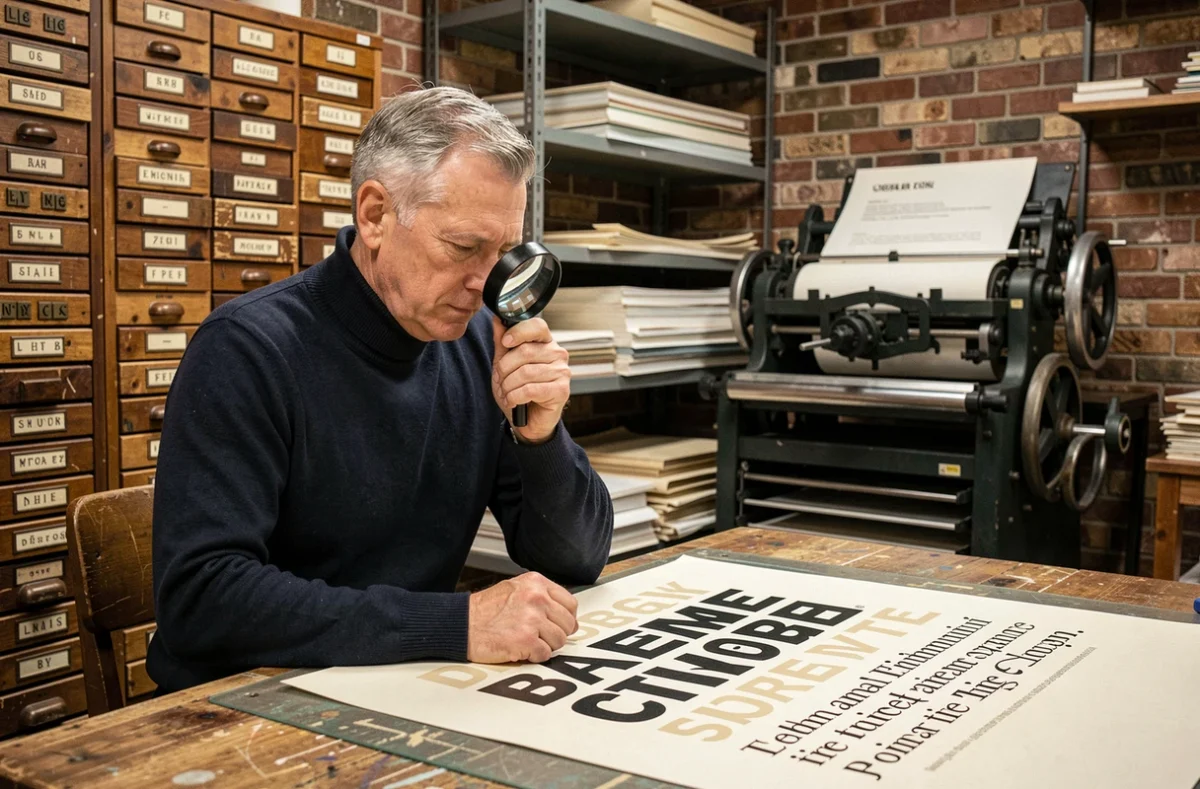 Typographe expérimenté examinant un bon à tirer d'affiche avec une loupe dans un atelier d'impression vintage