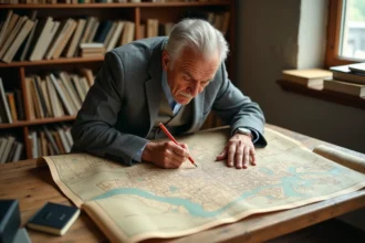 Urbaniste consultant une carte ancienne pour repérer les limites d'un faubourg historique