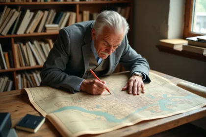 Urbaniste consultant une carte ancienne pour repérer les limites d'un faubourg historique