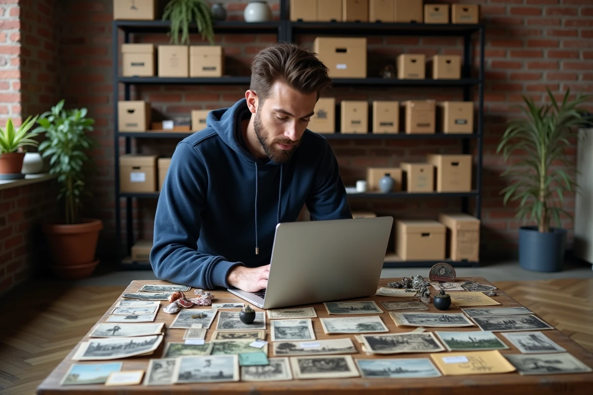 Jeune vendeur organisant ses objets de collection pour optimiser ses annonces sur Delcampe