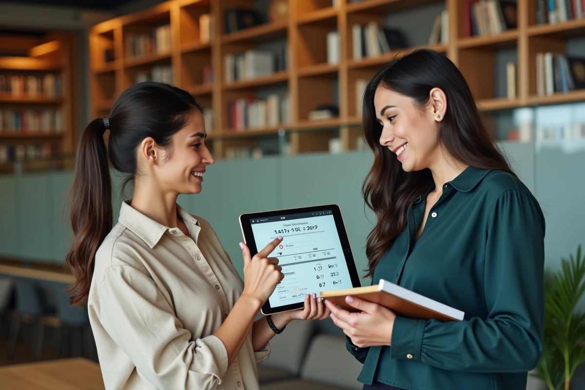 Deux femmes professionnelles analysant une chronologie sur tablette numérique dans une bibliothèque moderne, illustrant la vérification des faits et des rumeurs