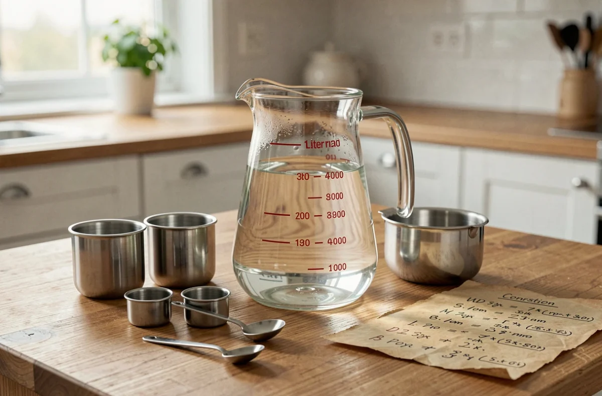 Verre doseur d'un litre et ustensiles de mesure en cuisine avec tableau de conversion de volumes posé sur un plan de travail en bois