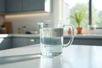 Verre mesureur rempli de 450 ml d'eau sur plan de travail lumineux