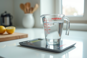 Verre mesure eau sur plan de travail blanc