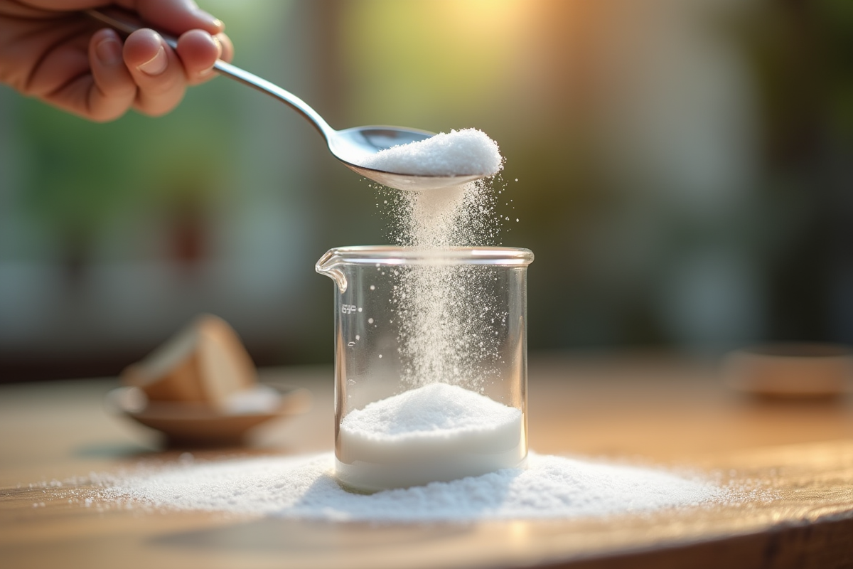 Coup de macro sur sucre versé dans un bécher
