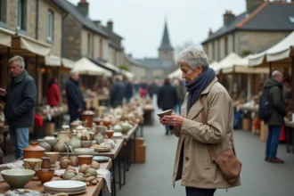 Femme inspectant des objets anciens sur un étalage de vide grenier en Finistère, village breton en arrière-plan