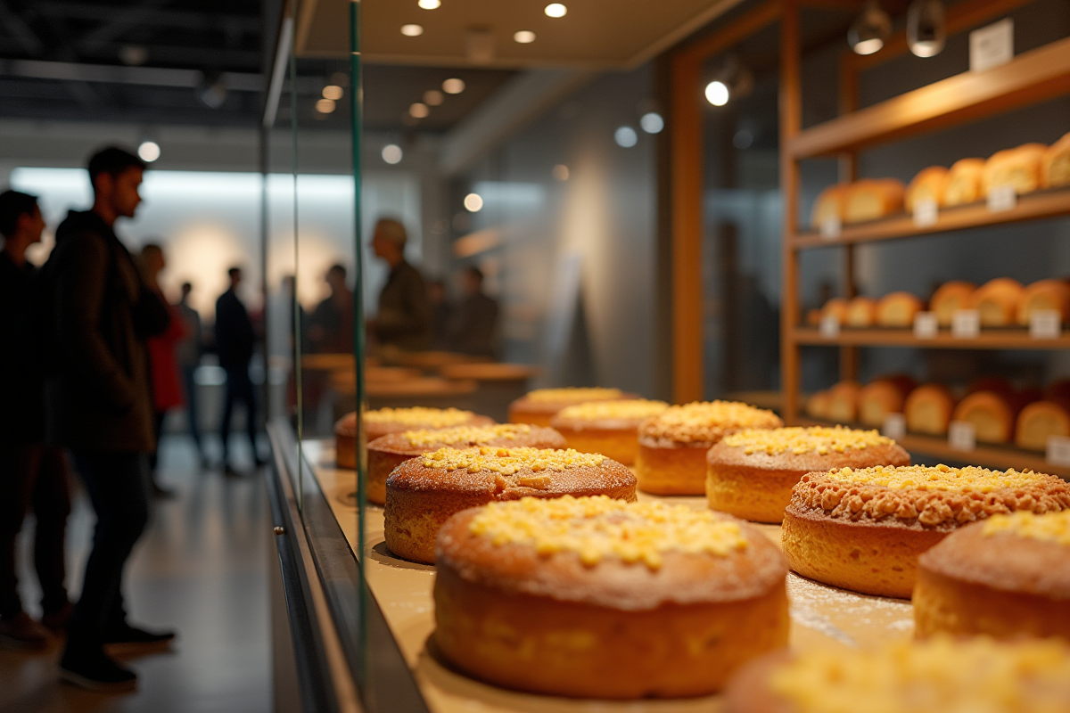Visiteurs admirant des gateaux basques en vitrine dans un musée
