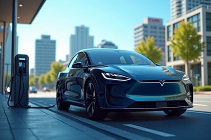 Voiture électrique moderne en station de charge en ville