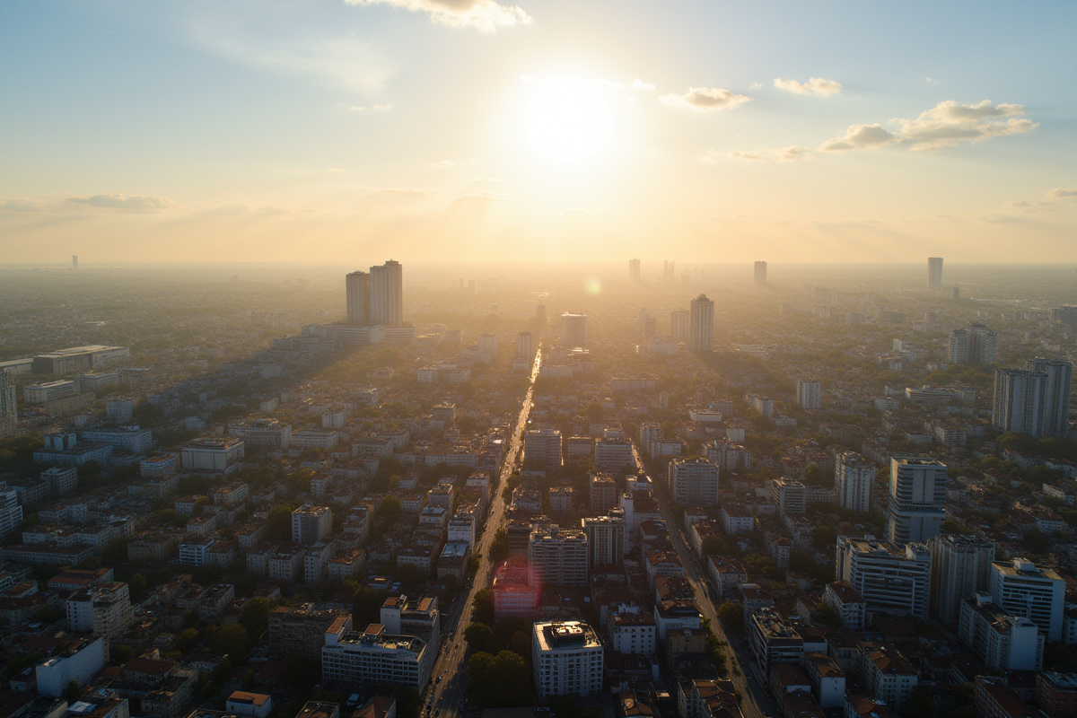 Vue aérienne de Bordeaux avec quartiers et soleil matin