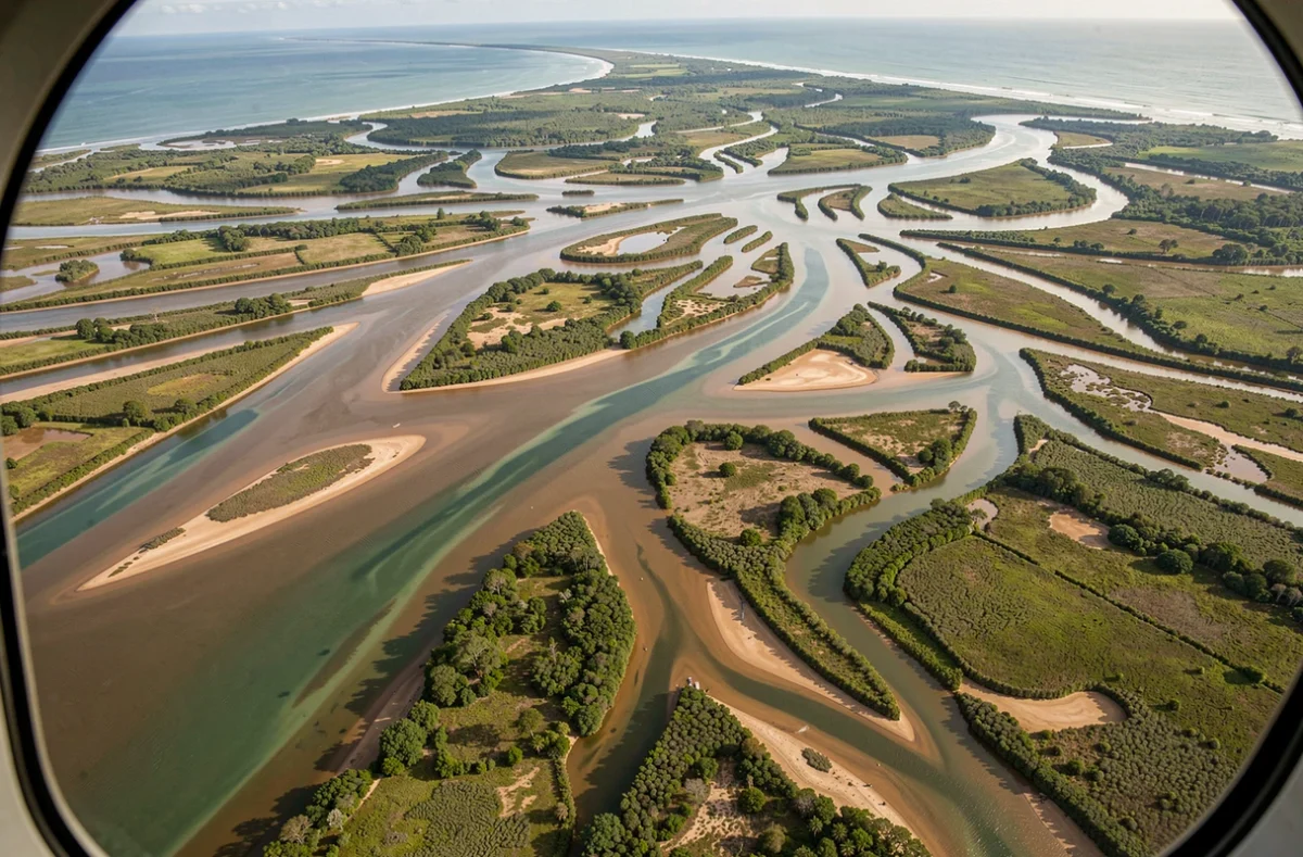 Vue aérienne du delta du fleuve Amazone se jetant dans l'océan Atlantique avec ses multiples bras et zones humides