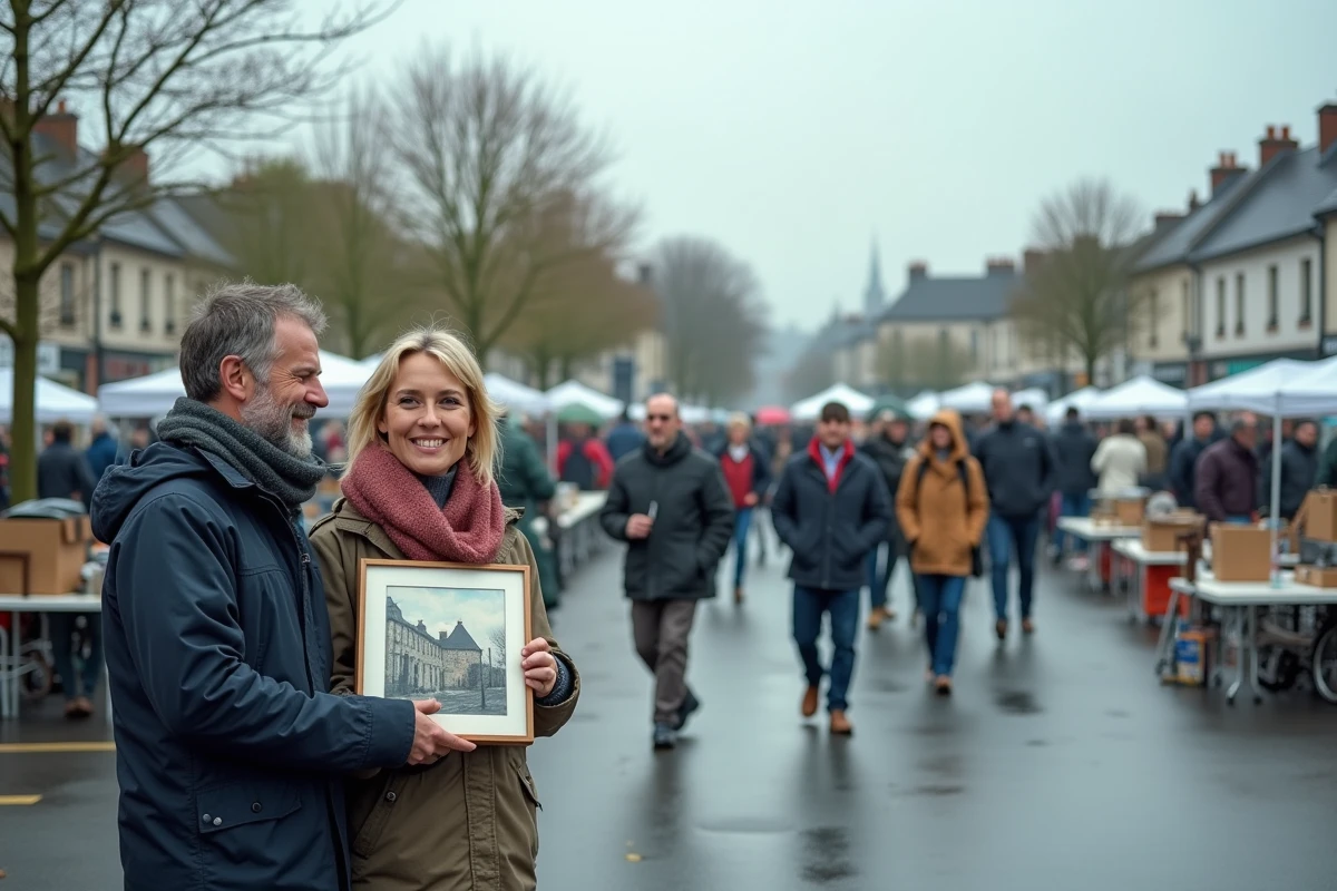Vue d'ensemble d'un vide grenier animé dans un parking du Finistère, couple en train de chiner au premier plan